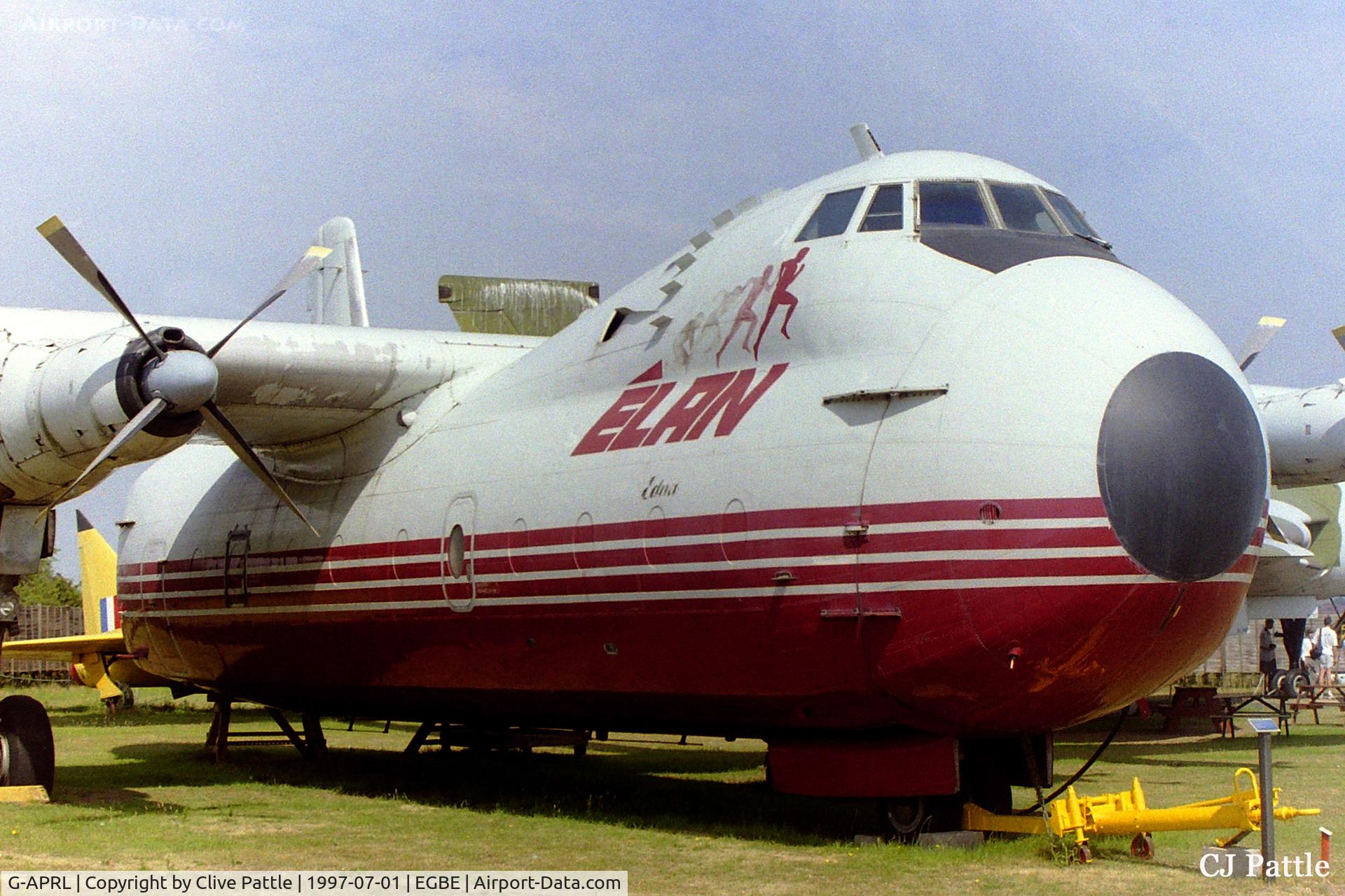 G-APRL, 1959 Armstrong Whitworth AW650 Argosy 101 C/N 6652, On display at the Midland Air Museum, Coventry Airport, in July 1997