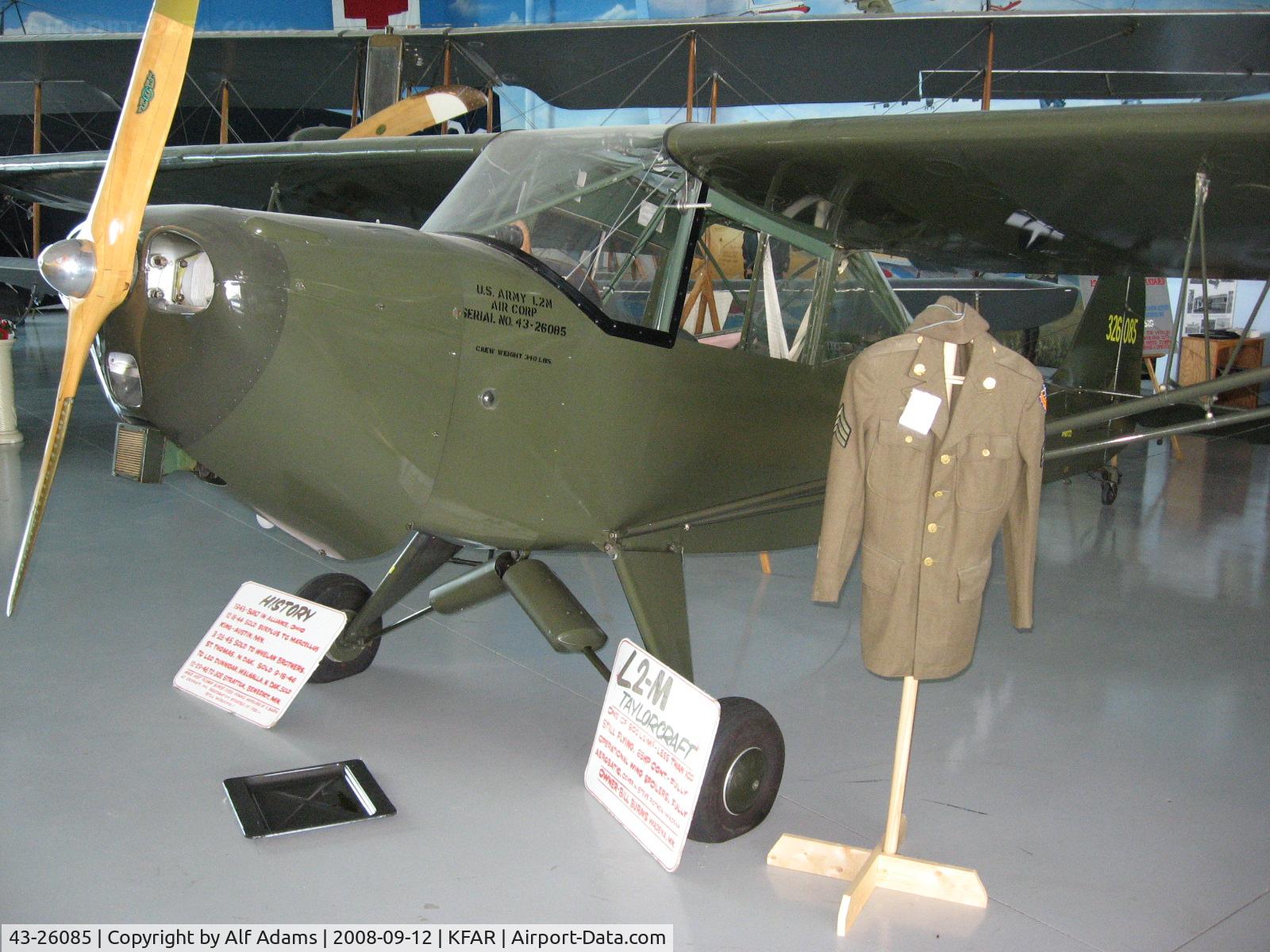 43-26085, 1943 Taylorcraft L-2M Grasshopper C/N L-5397, Displayed at the Fargo Air Museum, Fargo, North Dakota in 2008.