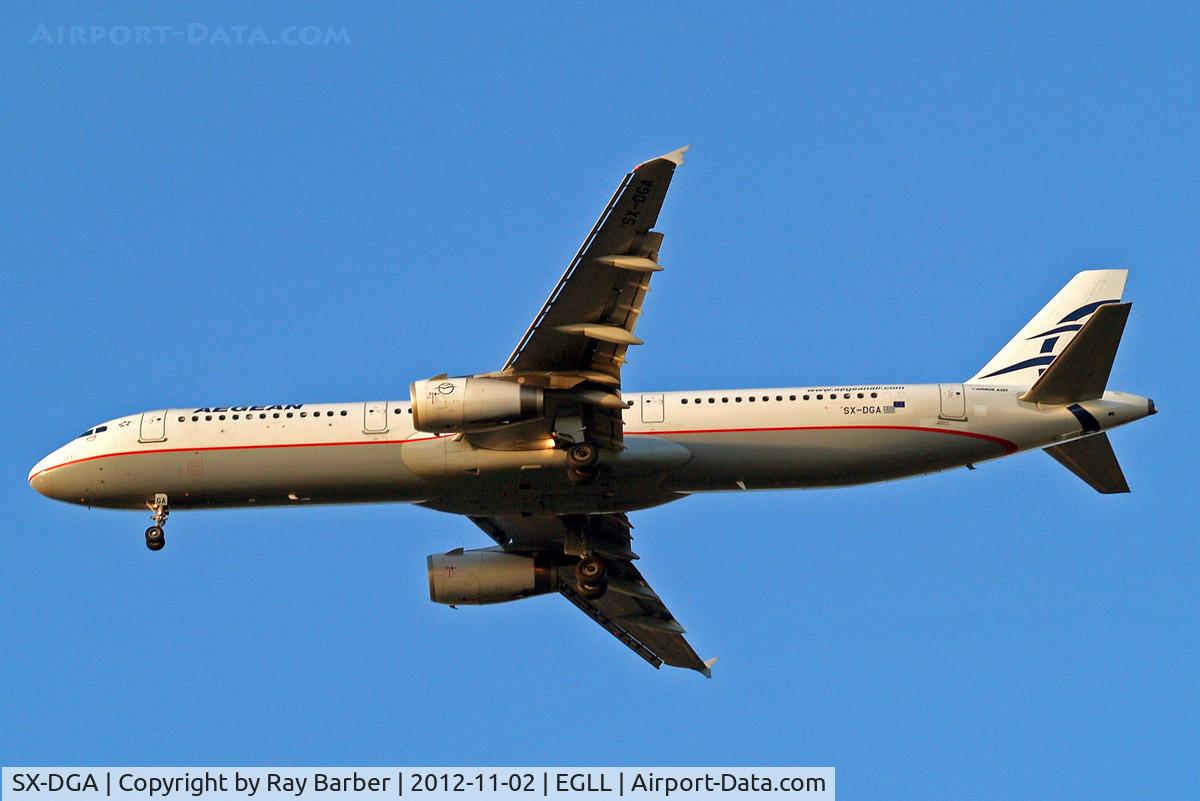SX-DGA, 2009 Airbus A321-231 C/N 3878, Airbus 3321-231 [3878] (Aegean Airlines) Home~G 02/11/2012 On approach 27R now nose cone painted or replaced.