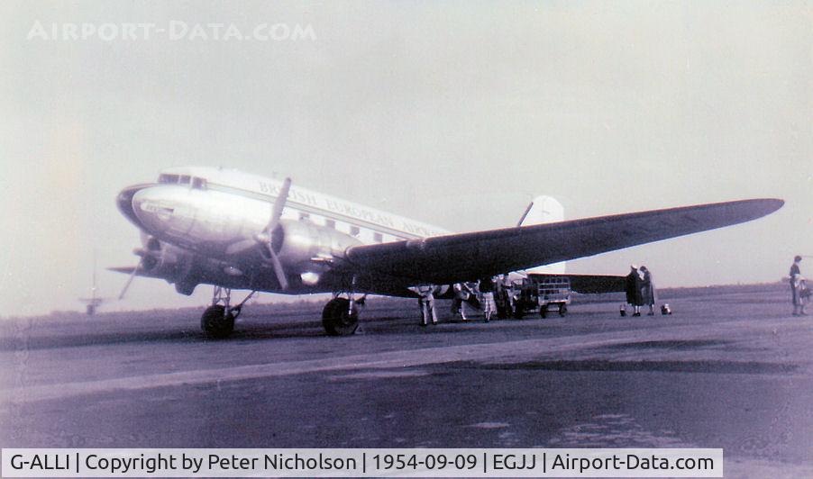 G-ALLI, 1941 Douglas C-47 Dakota 3 C/N 19362, Dakota 3 of British European Airways at Jersey preparing for flight to Dinard in the Summer of 1954.