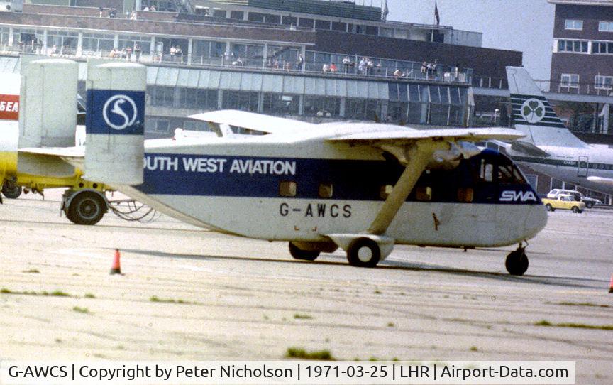 G-AWCS, 1969 Short SC7 Skyvan 3-200 C/N SH.1839, Skyvan SC-7 of South West Aviation as seen at Heathrow in the Spring of 1971.