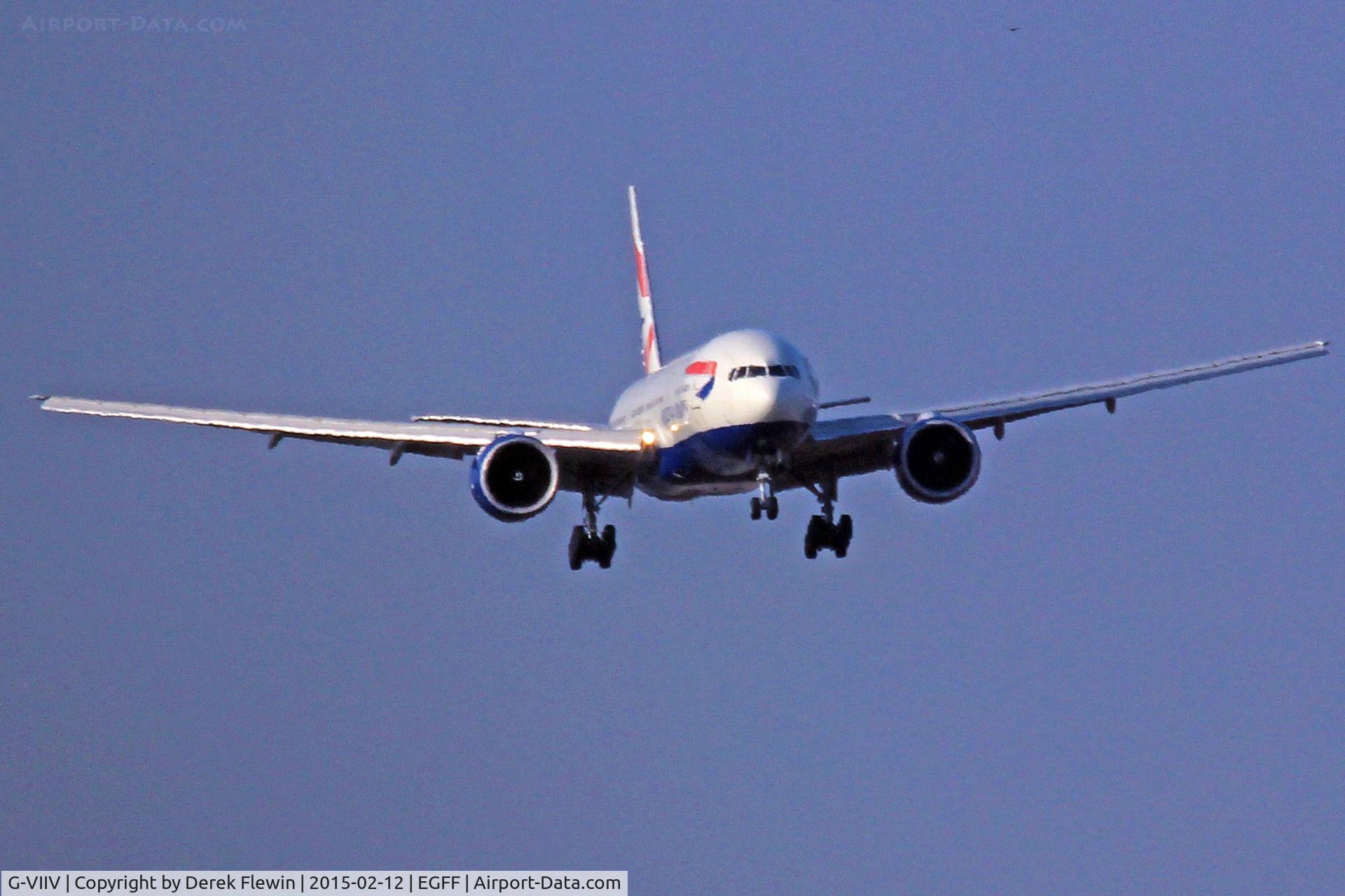 G-VIIV, 1999 Boeing 777-236 C/N 29964, 777-236, BA, seen on approach to runway 12 at EGFF, out of Gatwick.
