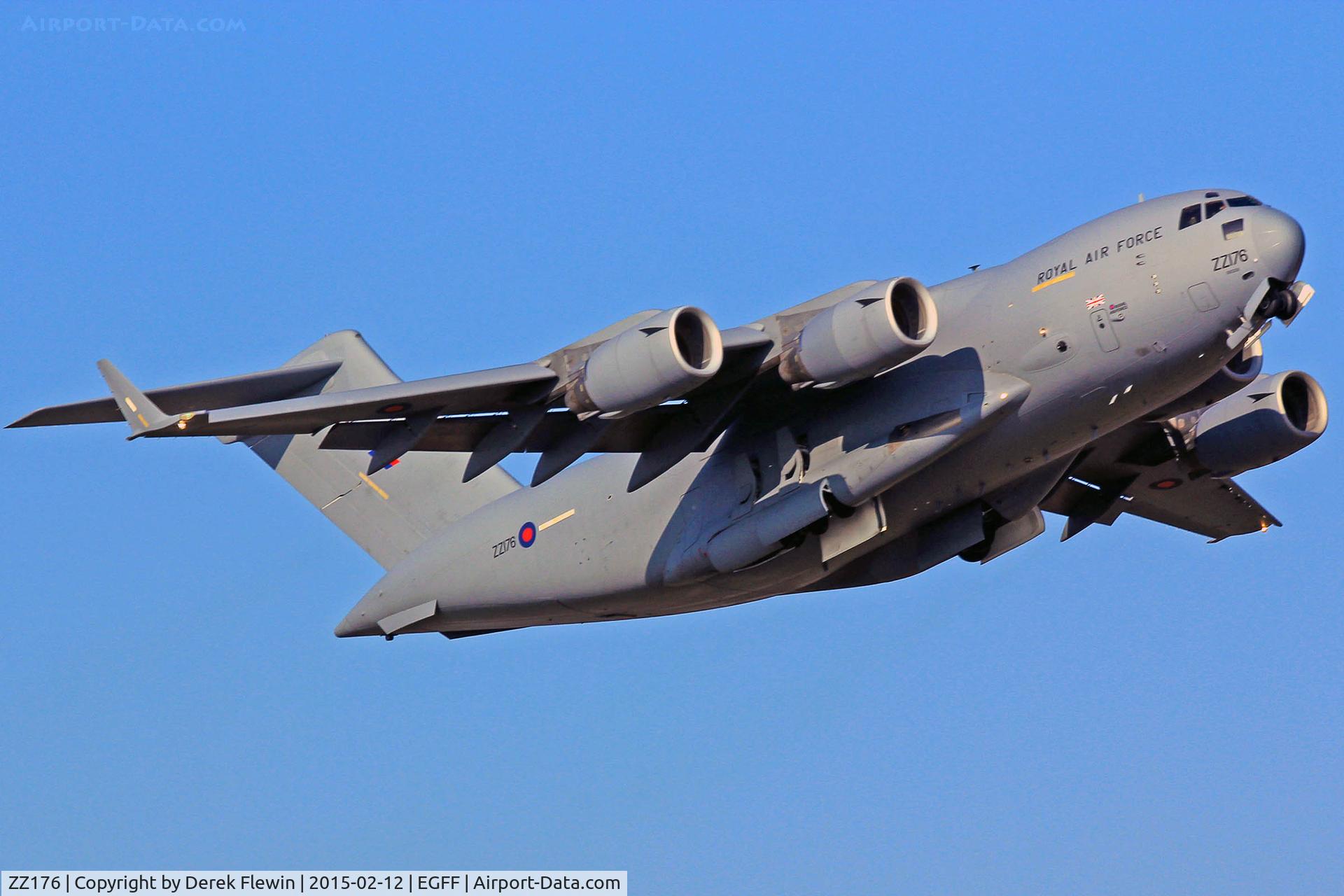 ZZ176, 2008 Boeing C-17A Globemaster III C/N F-190, C-17A Globemaster III, Royal Air Force, 99 Squadron, Brize Norton Transport Wing, call sign Ascot 817 seen shortly after pulling out from runway 12 at EGFF.
