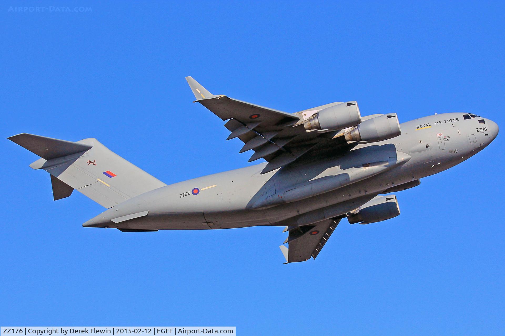 ZZ176, 2008 Boeing C-17A Globemaster III C/N F-190, C-17A Globemaster III, Royal Air Force, 99 Squadron, Brize Norton Transport Wing, call sign Ascot 817 seen climbing out from runway 12 at EGFF.