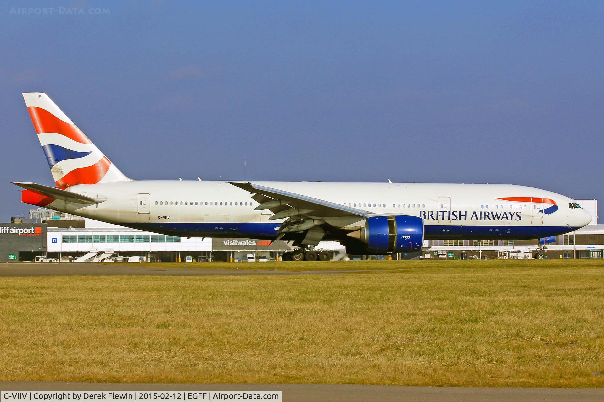 G-VIIV, 1999 Boeing 777-236 C/N 29964, 777-236, BA, Call sign Speedbird 9178, seen shortly after landing on runway 12 at EGFF, out of Gatwick, note the open reverse thruster doors.