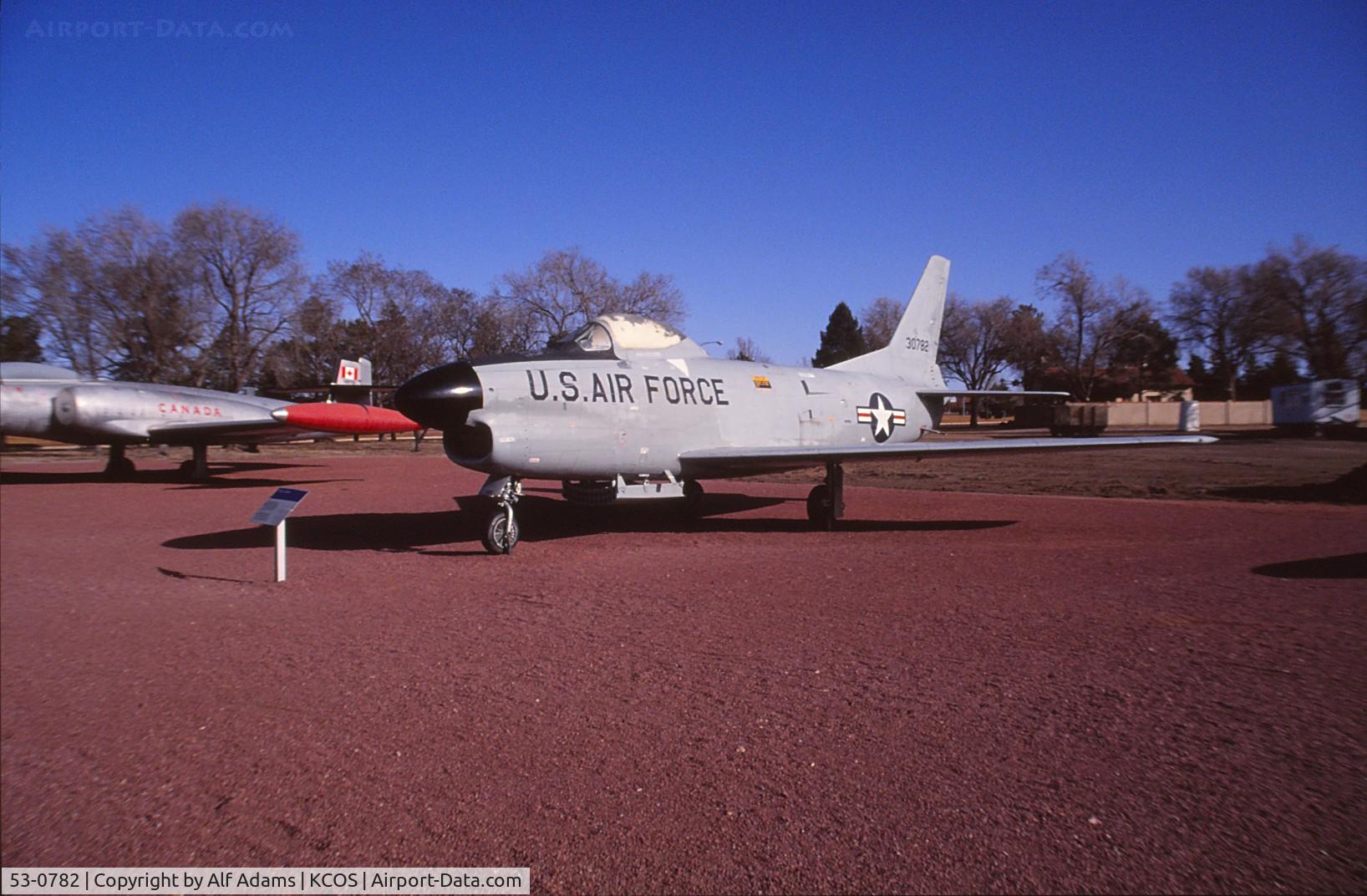 53-0782, 1953 North American F-86L Sabre C/N 201-226, Shown at the museum on Peterson Air Force Base, Colorado Springs, Colorado in 1992.