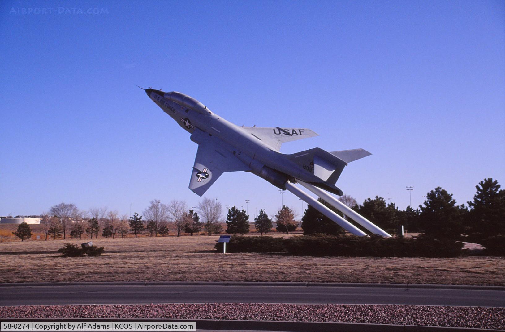 58-0274, 1958 McDonnell F-101B Voodoo C/N 646, Shown on a pedestal at Peterson Air Force Base, Colorado Springs, Colorado in 1992.