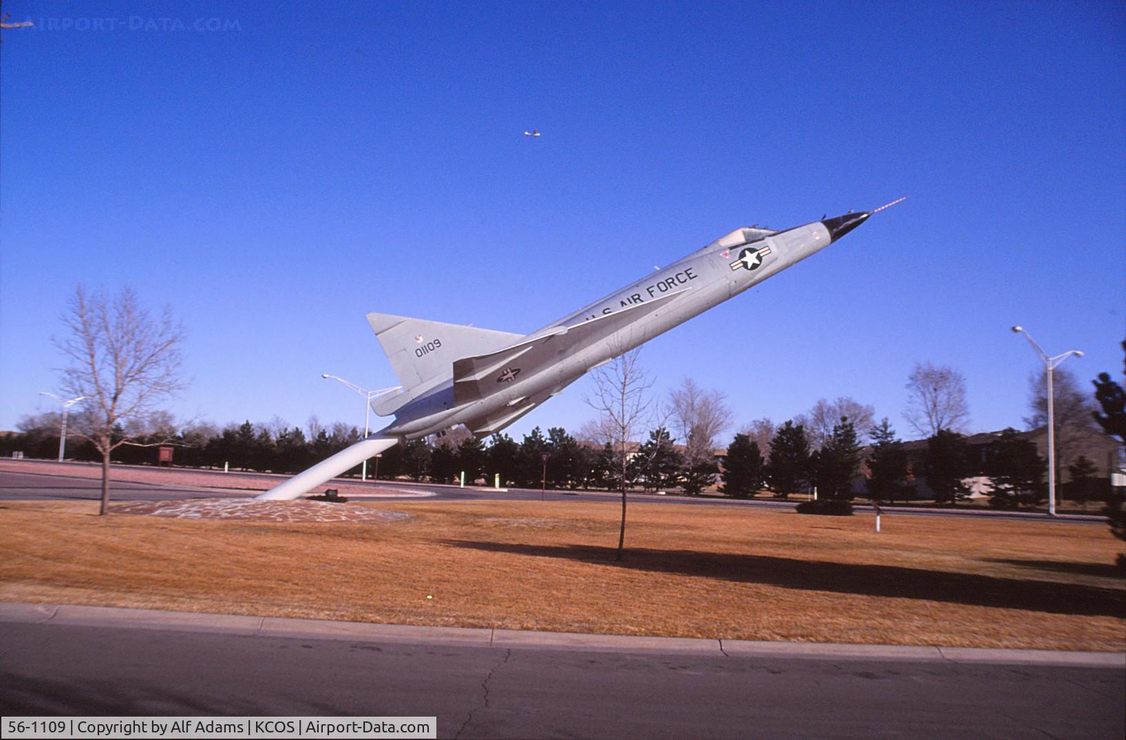 56-1109, 1956 Convair F-102A Delta Dagger C/N 8-10-326, Shown on a pedestal at Peterson Air Force Base, Colorado Springs, Colorado in 1992.