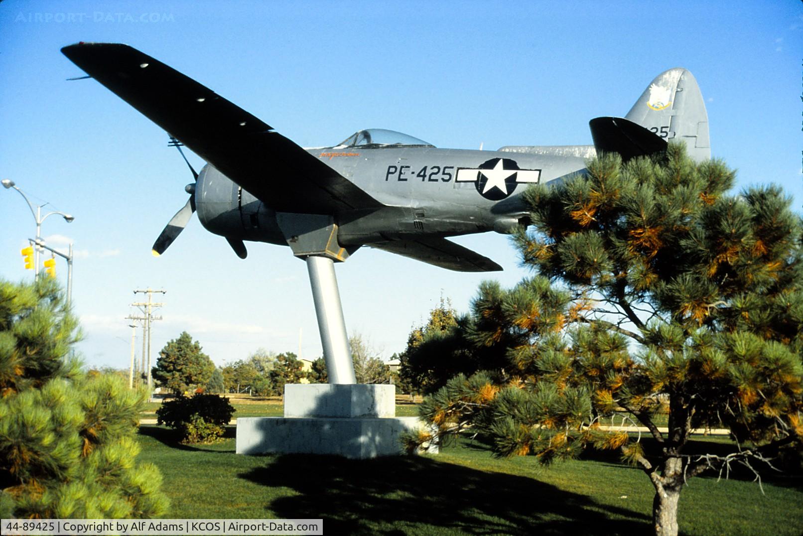 44-89425, 1944 Republic P-47N Thunderbolt C/N 539C/1642, Shown on a pedestal on Peterson Air Force Base, Colorado Springs, Colorado in 1992.