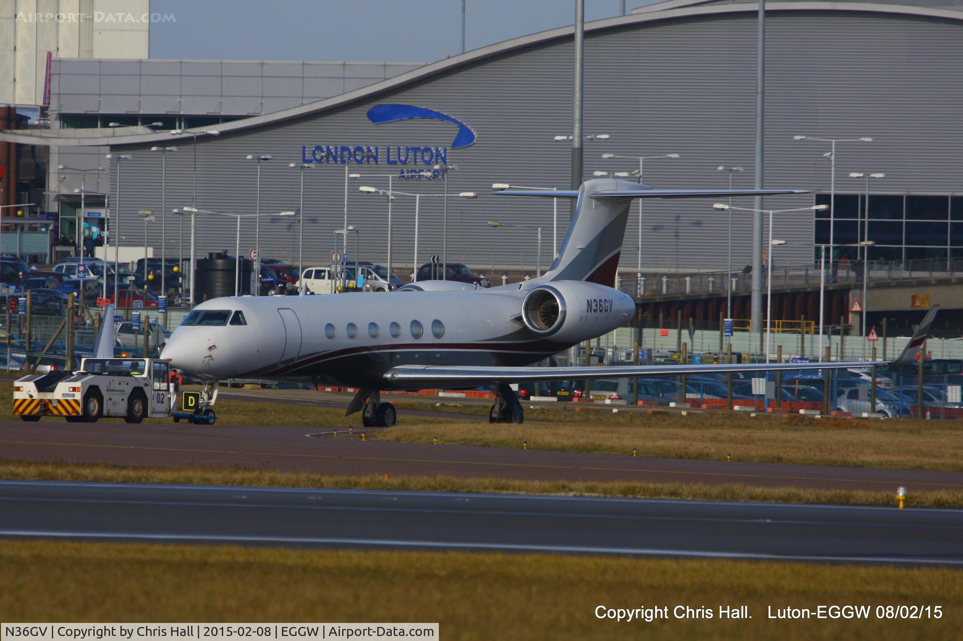 N36GV, 2002 Gulfstream Aerospace G-V C/N 674, parked at Luton