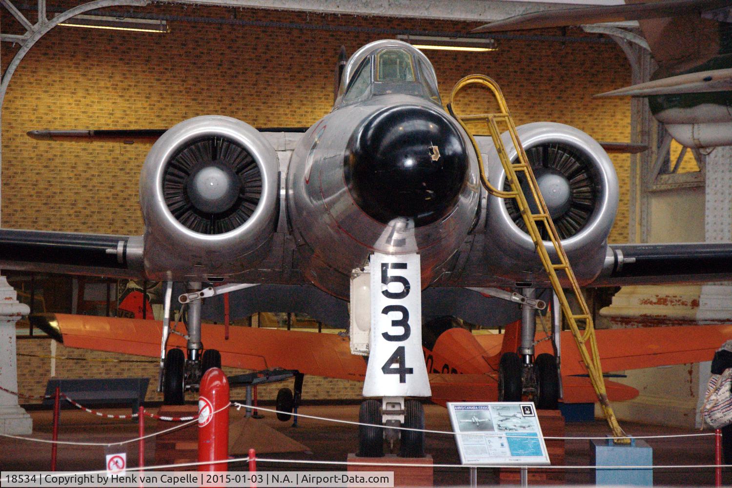 18534, Avro Canada CF-100 Mk.5 Canuck C/N 434, Frontal view of the Avro Canada CF-100 preserved in the Army Museum in Brussel, Belgium.