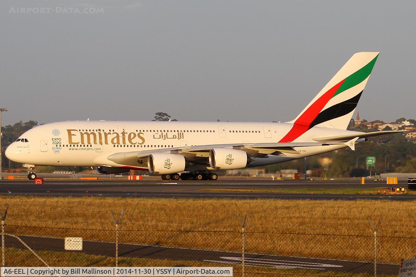 A6-EEL, 2013 Airbus A380-861 C/N 133, taxiing to 34L
