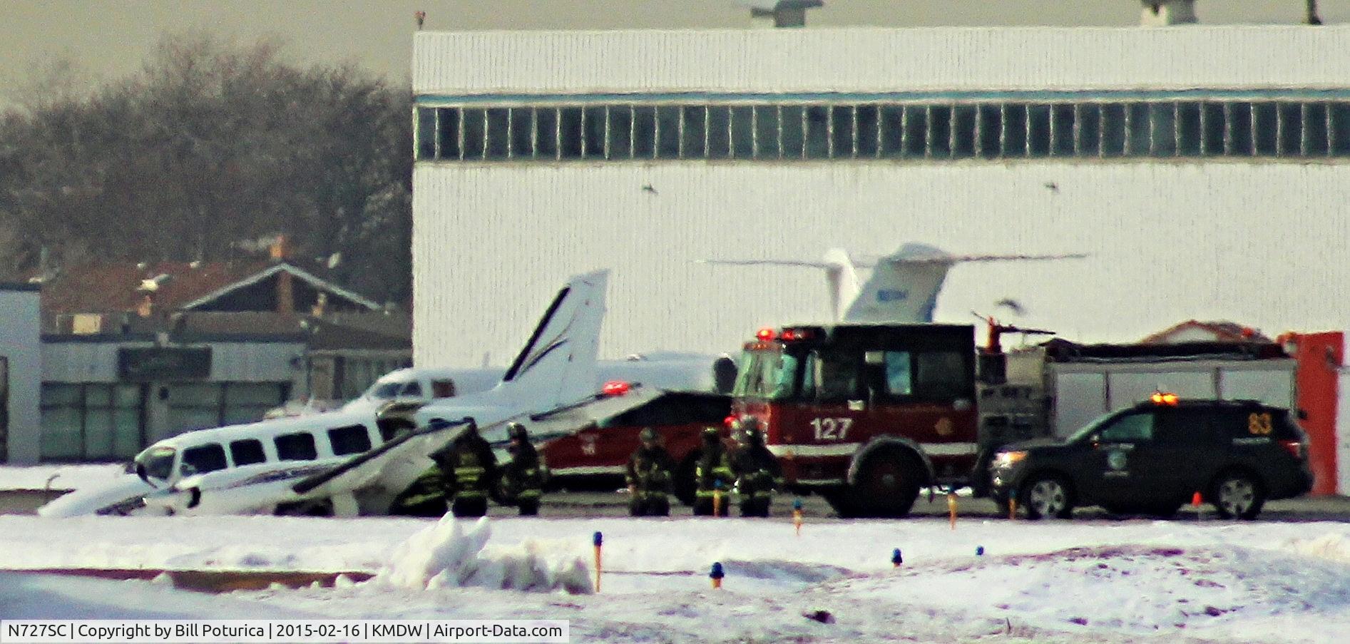 N727SC, 1973 Piper PA-31-350 Chieftain C/N 31-7305110, Piper N727SC after nose gear collapse at Chicago Midway, 2/16/15.