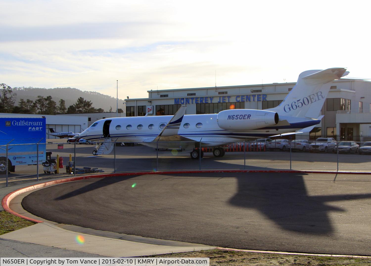 N650ER, 2014 Gulfstream Aerospace G650 (G-VI) C/N 6084, at Monterey jet center during AT&T Pro Am 2015 at Pebble Beach.