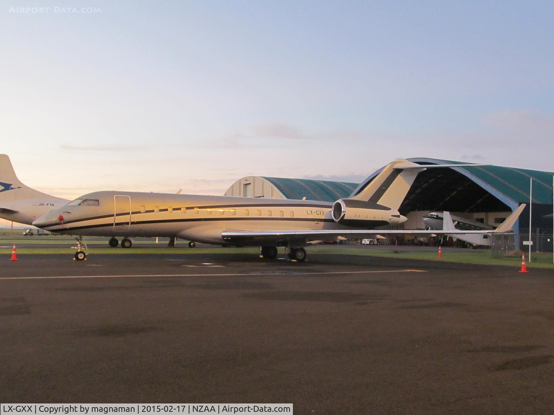 LX-GXX, 2008 Bombardier BD-700-1A10 Global Express C/N 9306, in morning sun resting up at AKL