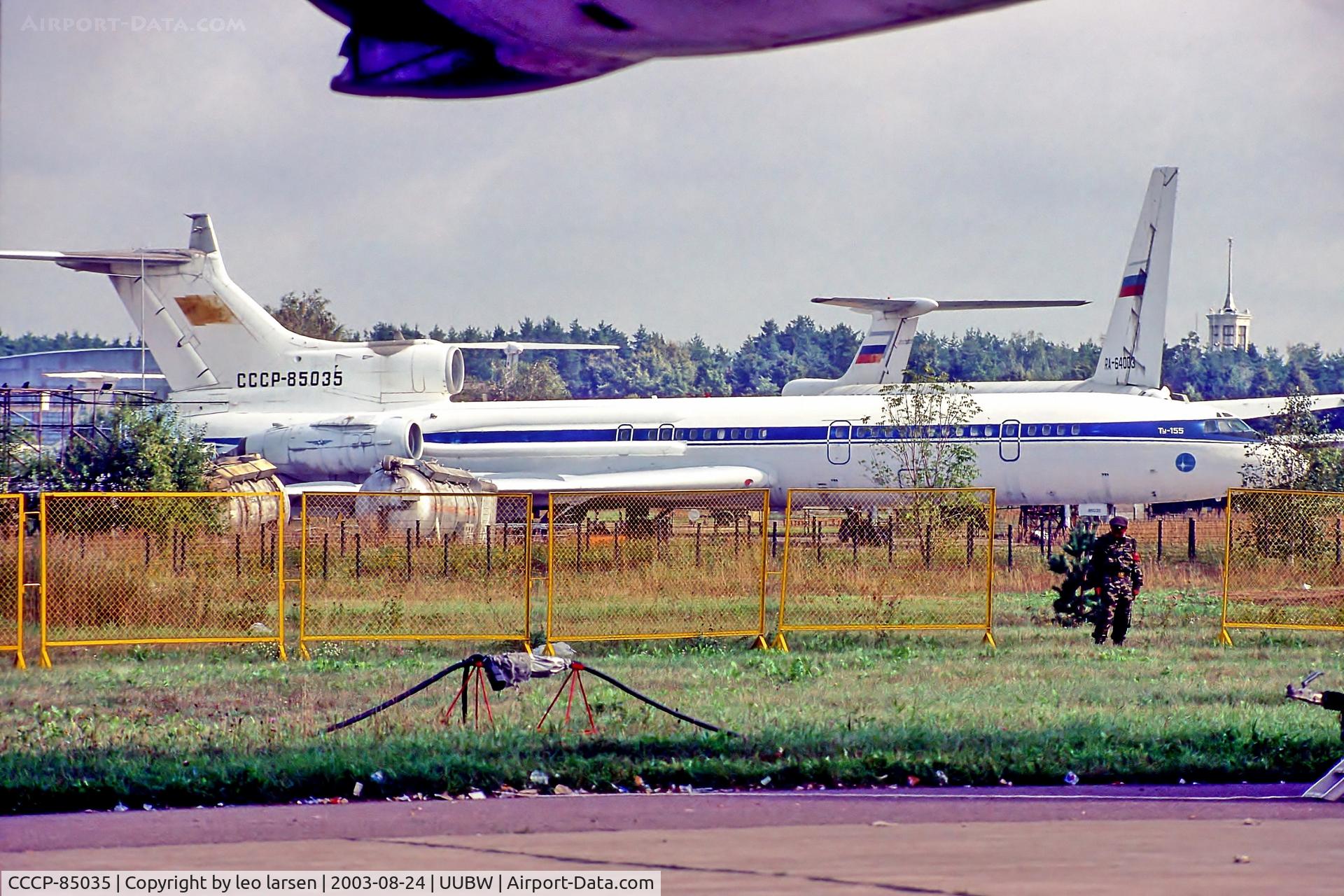 CCCP-85035, 1973 Tupolev Tu-155 C/N 73A035, Zhukovsky Moscow 24.8.03.Test aircraft for Liquefied natural gas and LH2 Liquid hydrogen for use in LH engine.