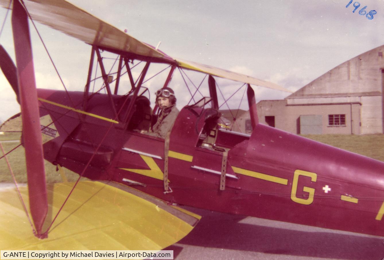 G-ANTE, 1941 De Havilland DH-82A Tiger Moth II C/N 84891, Taken at Hawker Siddeley Broughton Factory, ( now British Aerospace where they build the Airbus wings) Flintshire. 1967. Then belong to the factory flying club. Flew in her while learning to fly.