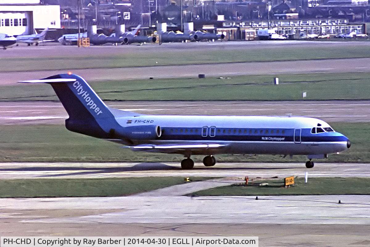 PH-CHD, 1978 Fokker F-28-4000 Fellowship C/N 11139, Fokker F-28-4000 Fellowship [11139] (NLM CityHopper) Heathrow~G (date unknown). From a slide.