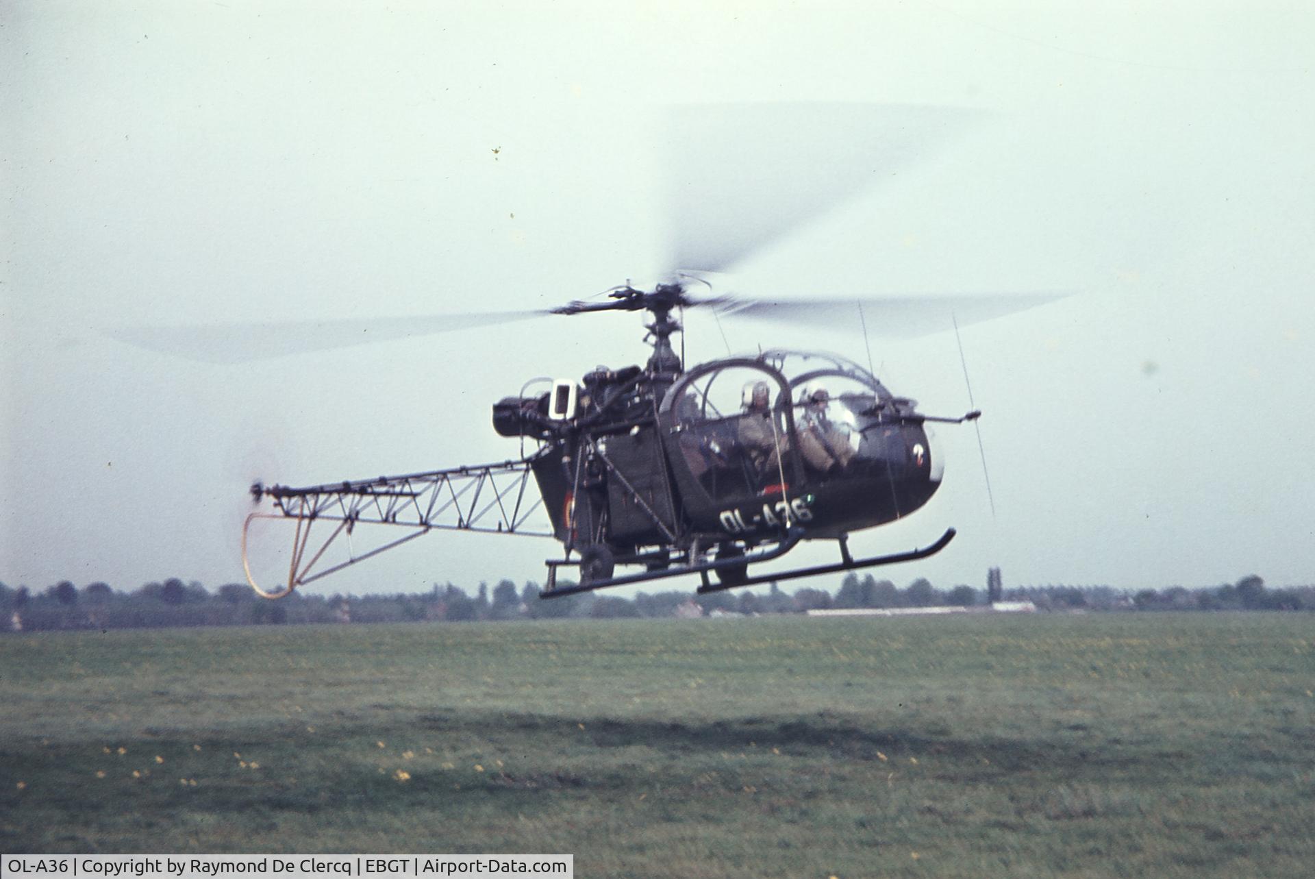 OL-A36, 1962 Sud SE-3130  Alouette II C/N 1802, Take-off at Ghent airfield around 1970 for traffic control on motorway E40 Brussels-Ostend. This heli crashed at Brasschaat Army Base on 1974-09-18.