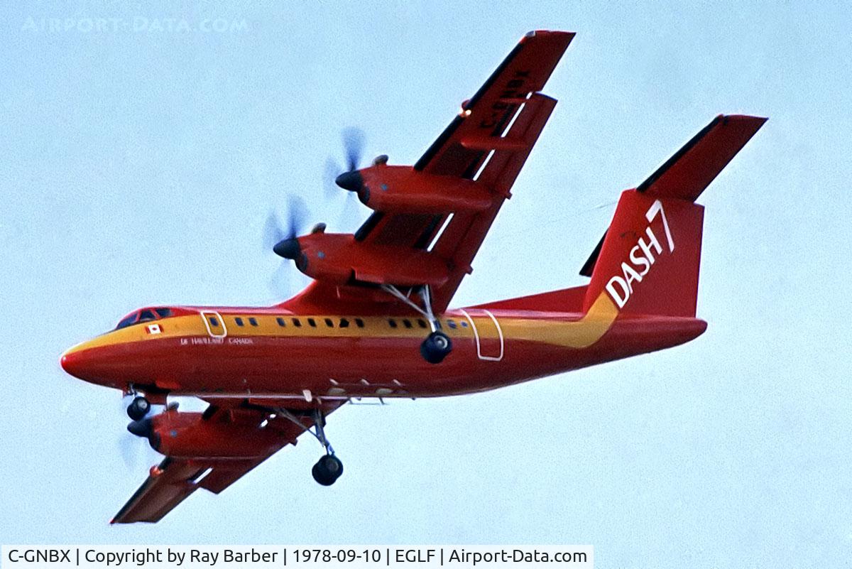 C-GNBX, 1975 De Havilland Canada DHC-7-100 Dash 7 C/N 0001, De Havilland Canada DHC-7-102 Dash 7 [1] (De Havilland Canada Ltd) Farnborough~G 10/09/1978. From a slide.