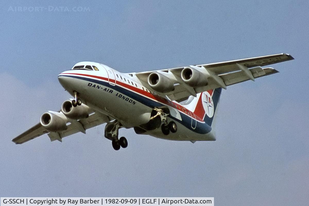 G-SSCH, 1983 British Aerospace BAe.146-100A C/N E1003, BAe 146-100 [E1003] (Dan-Air London) Farnborough~G 09/09/1982. From a slide.