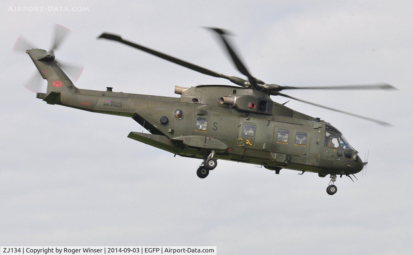 ZJ134, Westland Merlin HC.4 C/N 50183/RAF18, Visiting Merlin helicopter coded S of 28 Squadron RAF departing the airport after a short visit.