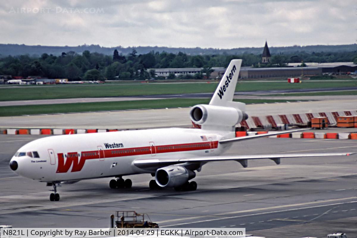 N821L, 1974 McDonnell Douglas DC-10-30 C/N 47848, McDonnell Douglas DC-10-30 [47848] (Western Airlines) Gatwick~G (date unknown). From a slide.
