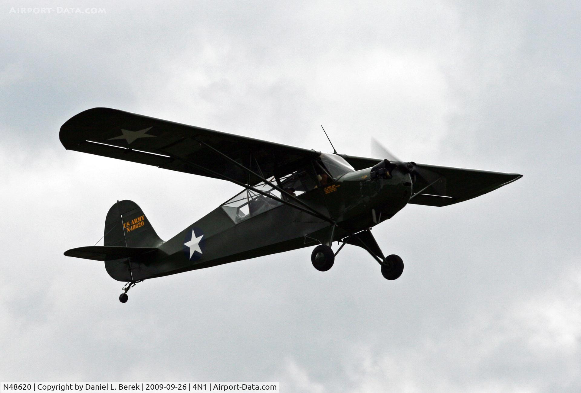 N48620, 1942 Aeronca 0-58B Grasshopper C/N 058B-7072, A 1942-vintage liaison aircraft takes off on a dark mission.