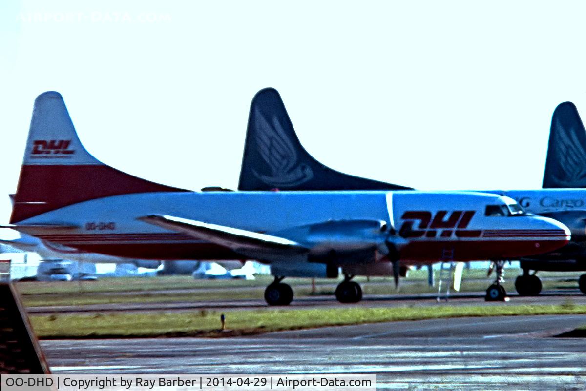 OO-DHD, 1953 Convair 580(F) C/N 135/022, Convair 580F SCD [135] (European Air Transport/DHL) (date and place unknown). Not the best of images. From a slide.
