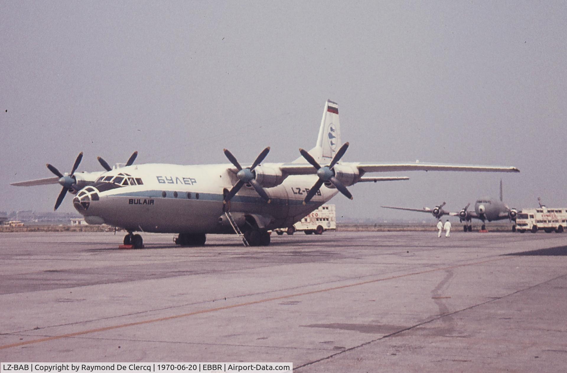 LZ-BAB, 1968 Antonov An-12B C/N 8346002, Brussels Airport 1970. LZ-BAB now preserved at Bourgas Airport Museum in Bulgaria (LBBG).
Background: Iscargo DC-6B TF-OAA.