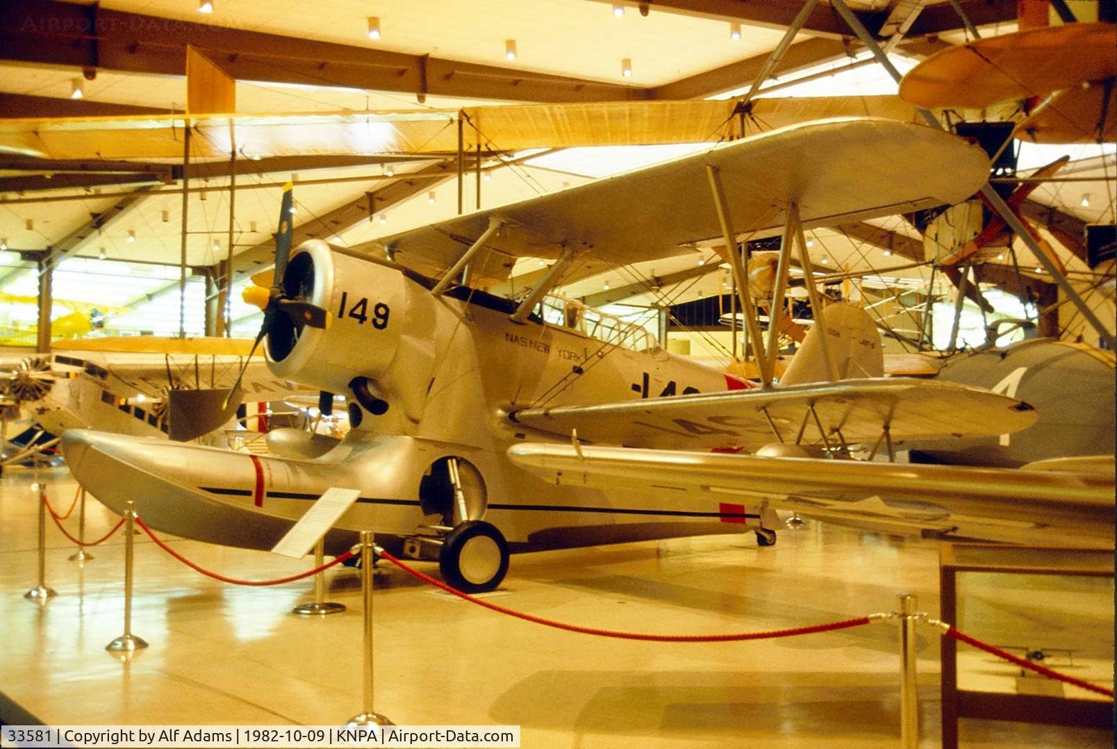 33581, Grumman J2F-6 Duck C/N Not found 33581, Shown on its' wheels on the museum floor in 1982. It was later suspended from the ceiling with its' wheels retracted. National Naval Aviation Museum, Pensacola, Florida.
