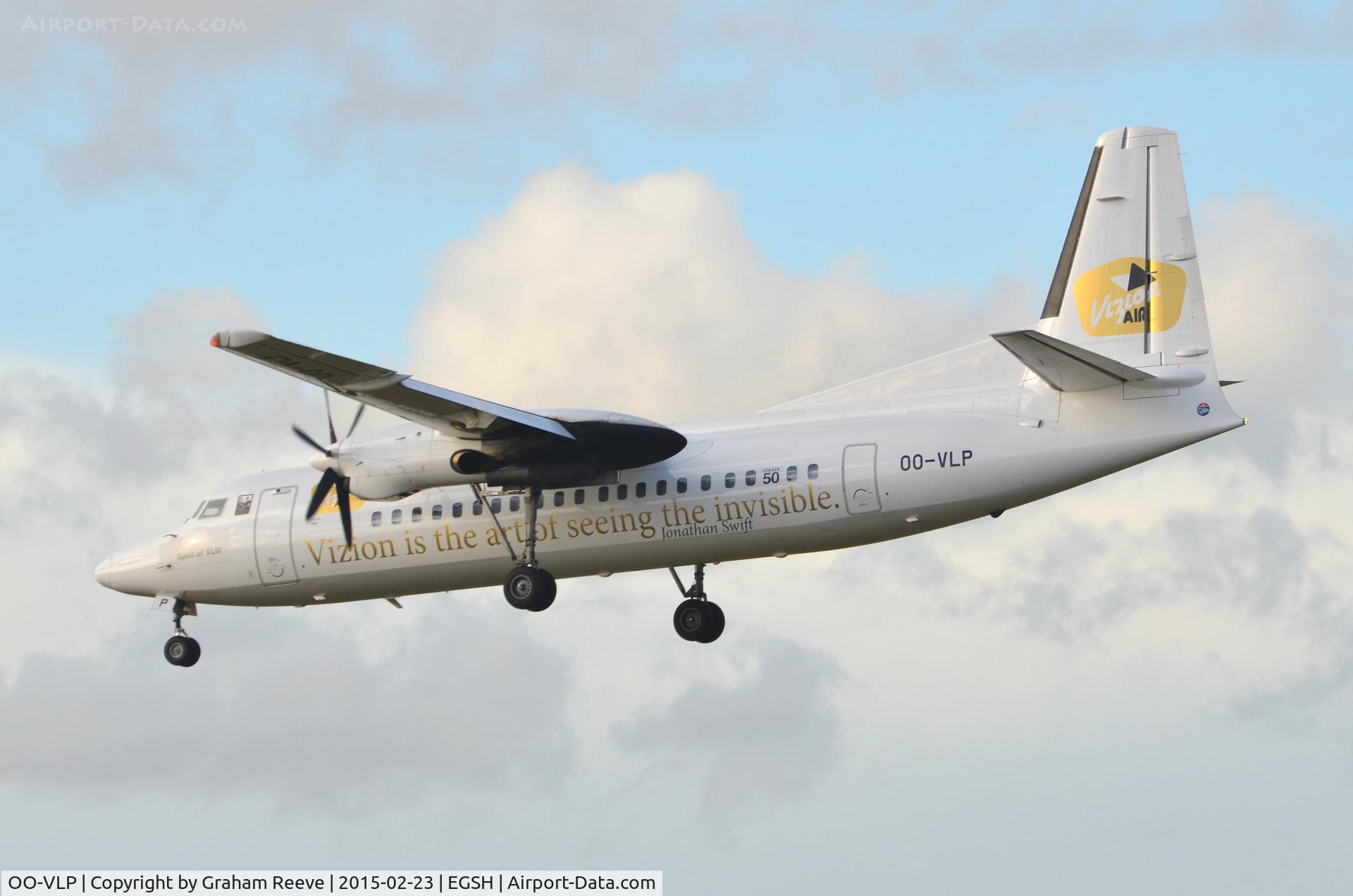 OO-VLP, 1991 Fokker 50 C/N 20209, About to land at Norwich.