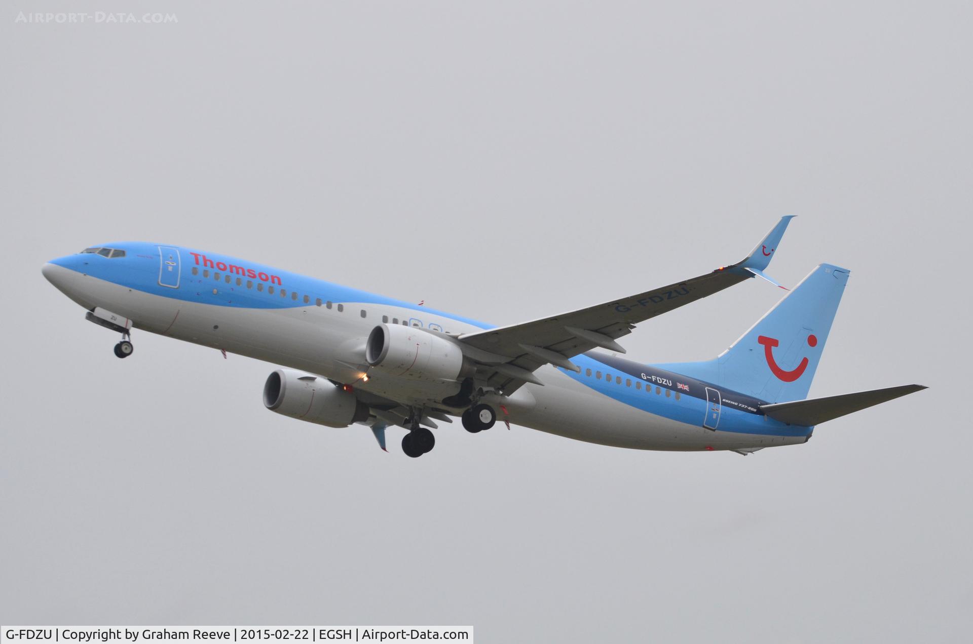 G-FDZU, 2011 Boeing 737-8K5 C/N 37253, Departing from Norwich for Tenerife.