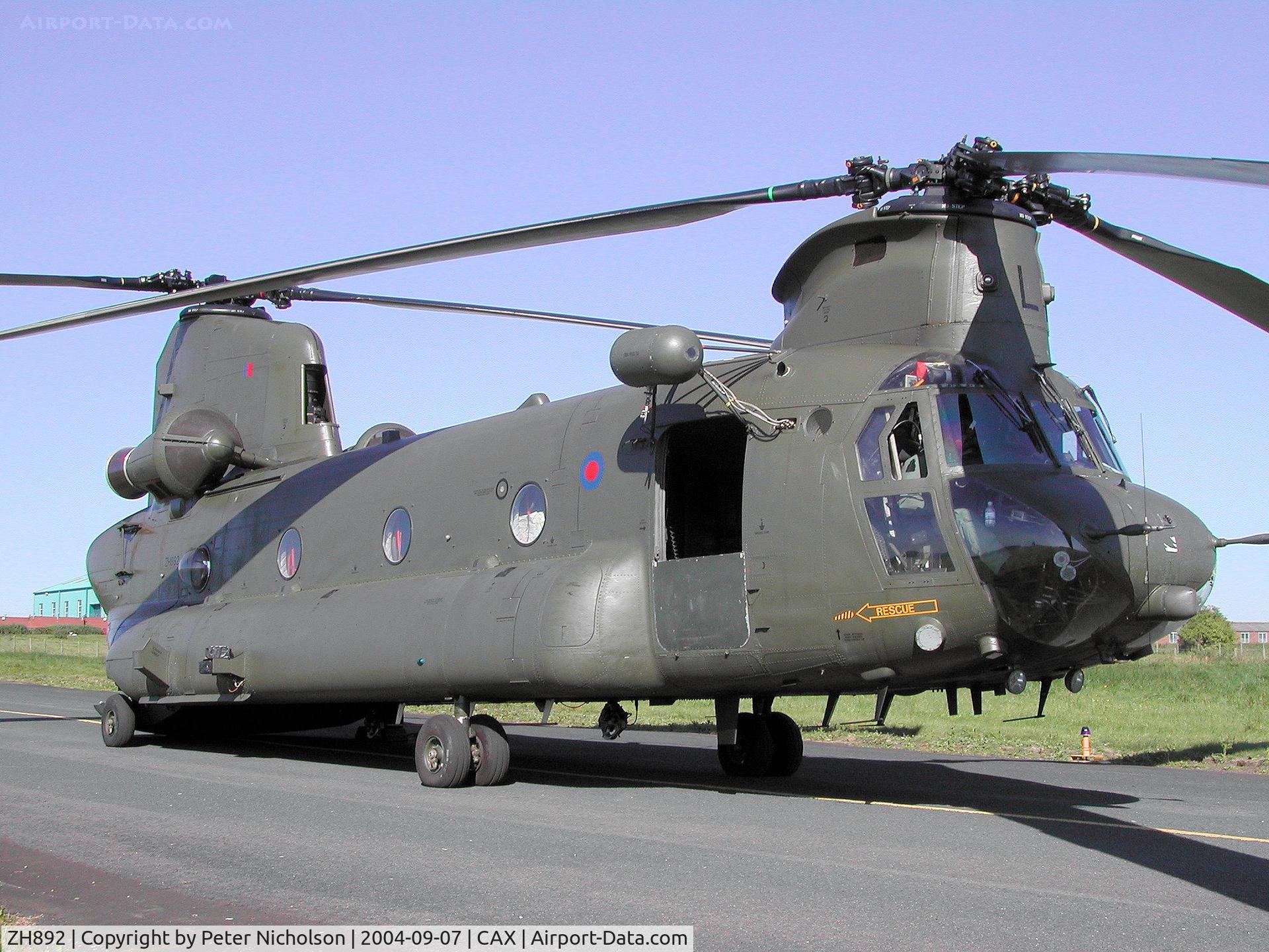 ZH892, Boeing Vertol Chinook HC.2A C/N M4455, Chinook HC.2A, Callsign Vortex 533, of 18 Squadron on a visit to Carlisle in September 2004.