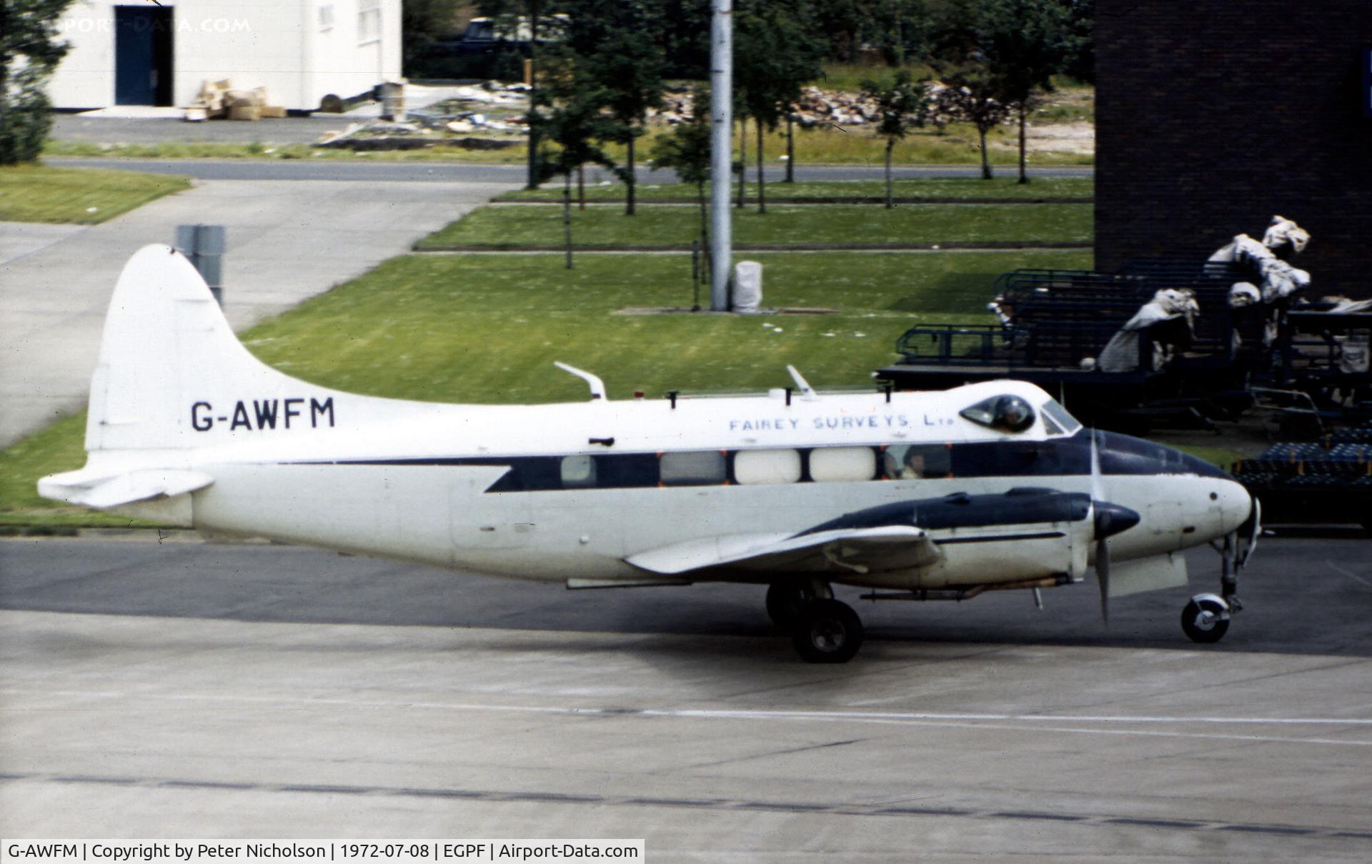 G-AWFM, 1947 De Havilland DH-104 Dove 6 C/N 04079, Dove 6 of Fairey Surveys Limited as seen in the Summer of 1972 at Glasgow.