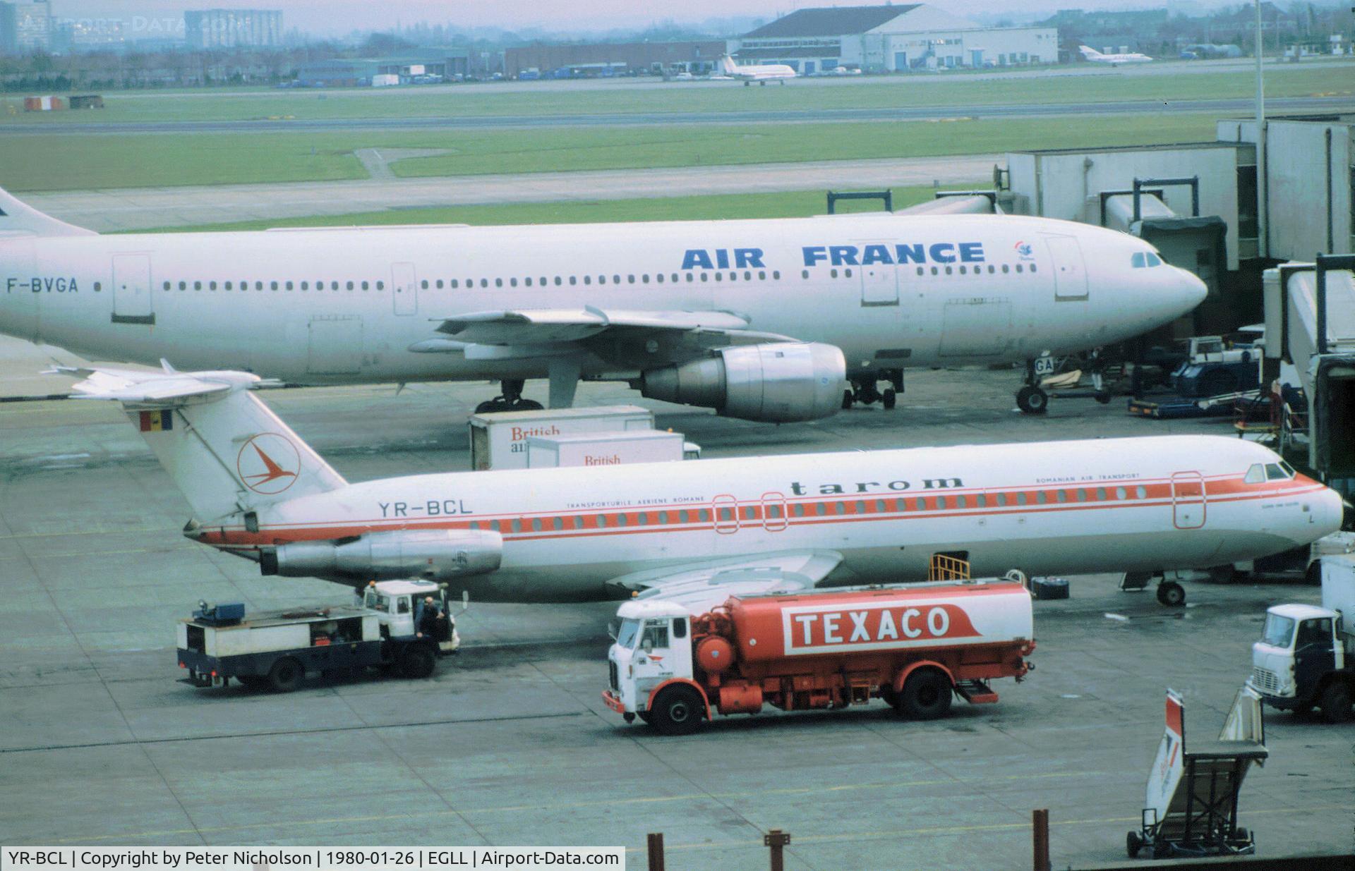 YR-BCL, 1977 BAC 111-525FT One-Eleven C/N BAC.255, One Eleven 525FT of Tarom as seen at Heathrow in January 1980.