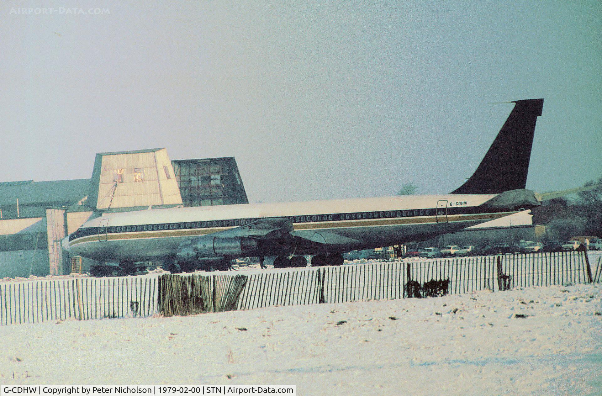 G-CDHW, 1975 Boeing 707-3L6C C/N 21096, Former British Caledonian Airways Boeing 707-3L6C as seen at Stansted in February 1979.