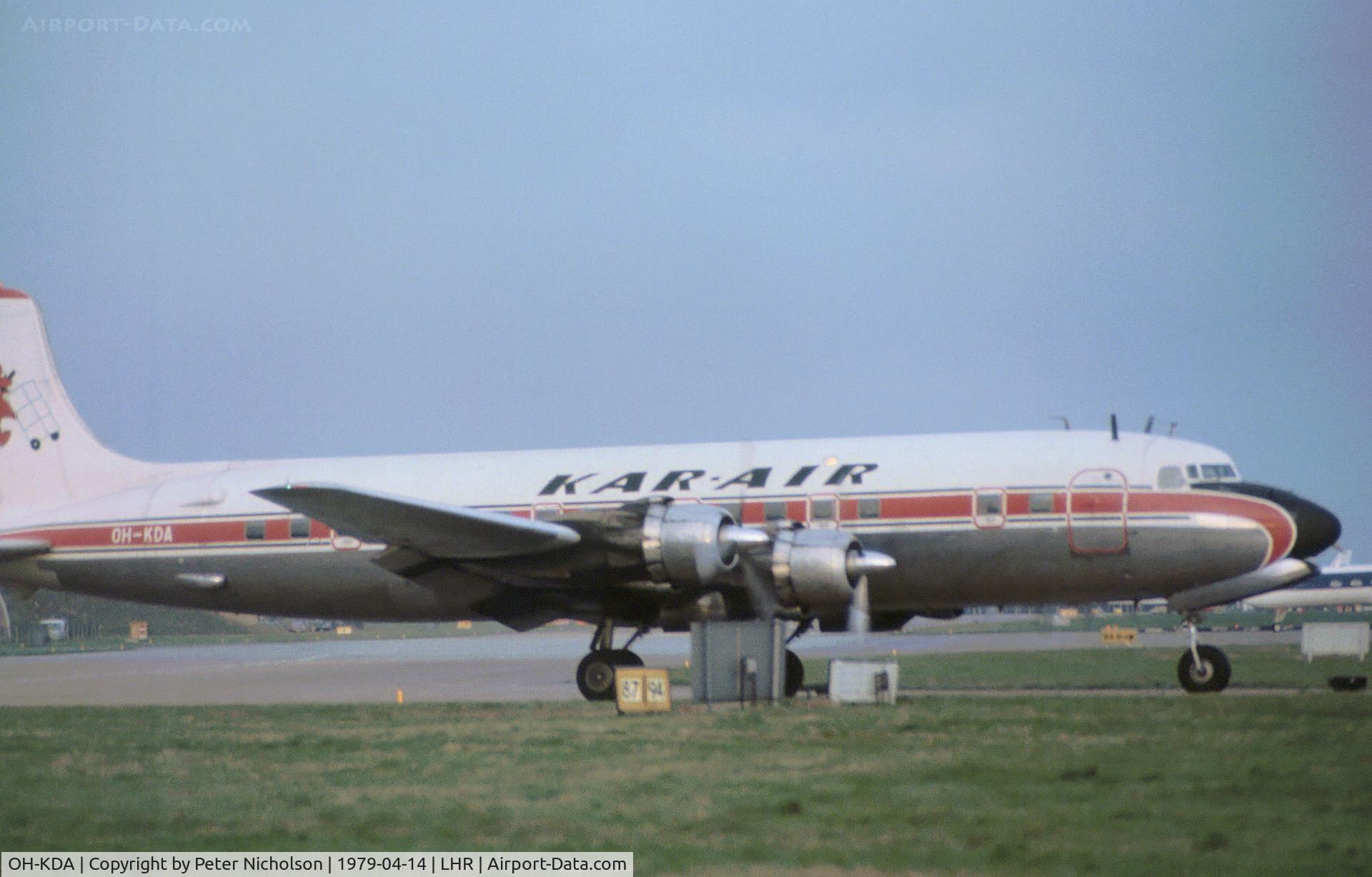 OH-KDA, 1957 Douglas DC-6B C/N 45202, DC-6B of Kar-Air as seen at Heathrow in April 1979.