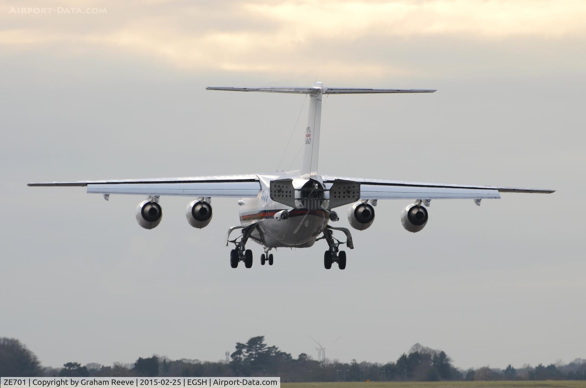 ZE701, 1985 British Aerospace BAe.146 CC.2 C/N E1029, About to touch down at Norwich.