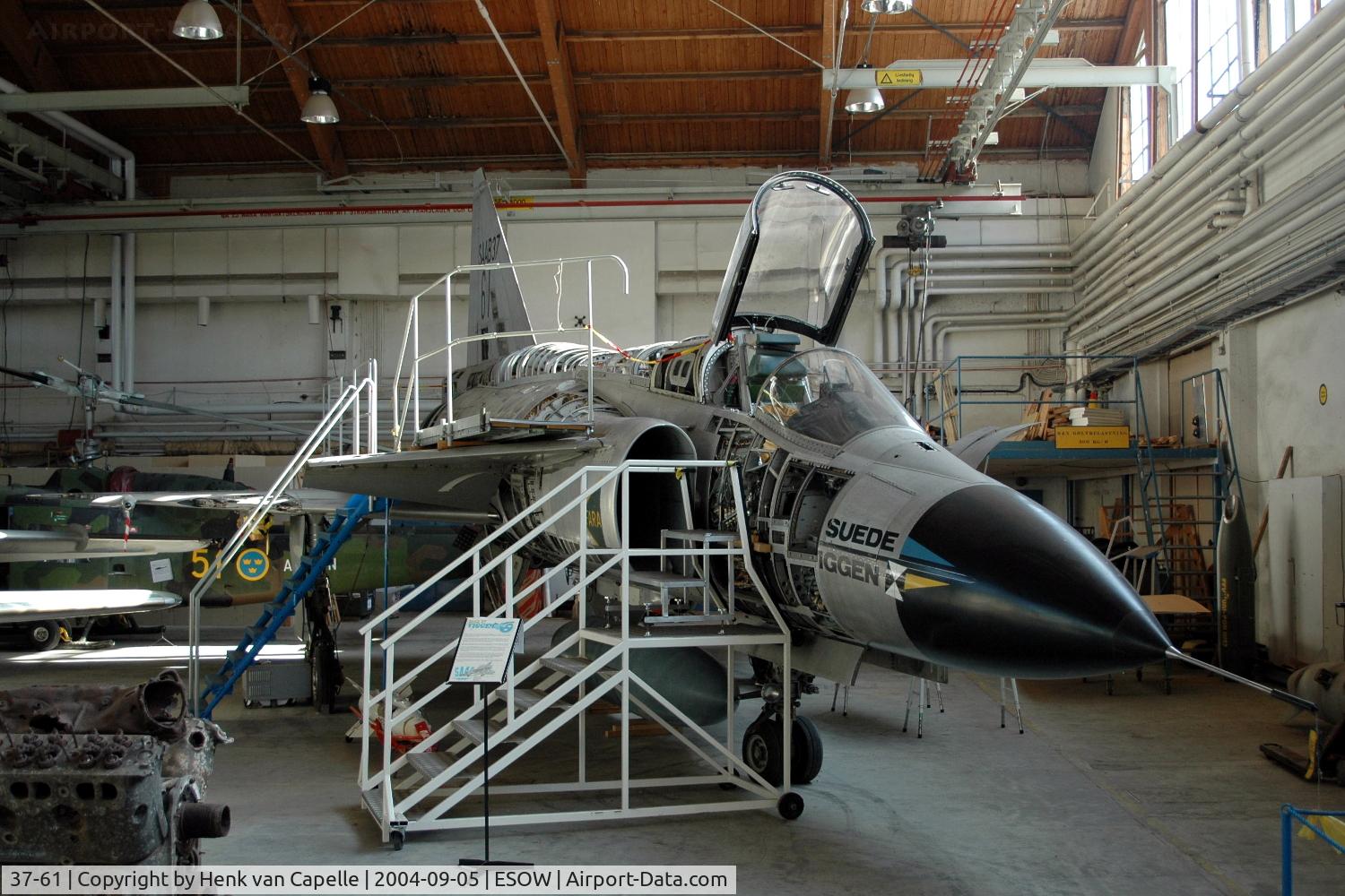 37-61, Saab AJ37 Viggen C/N 37-6, Now in the Västerås Flygmuseum this 6th prototype Viggen fighter has a part of its skins removed and covered by perspex.