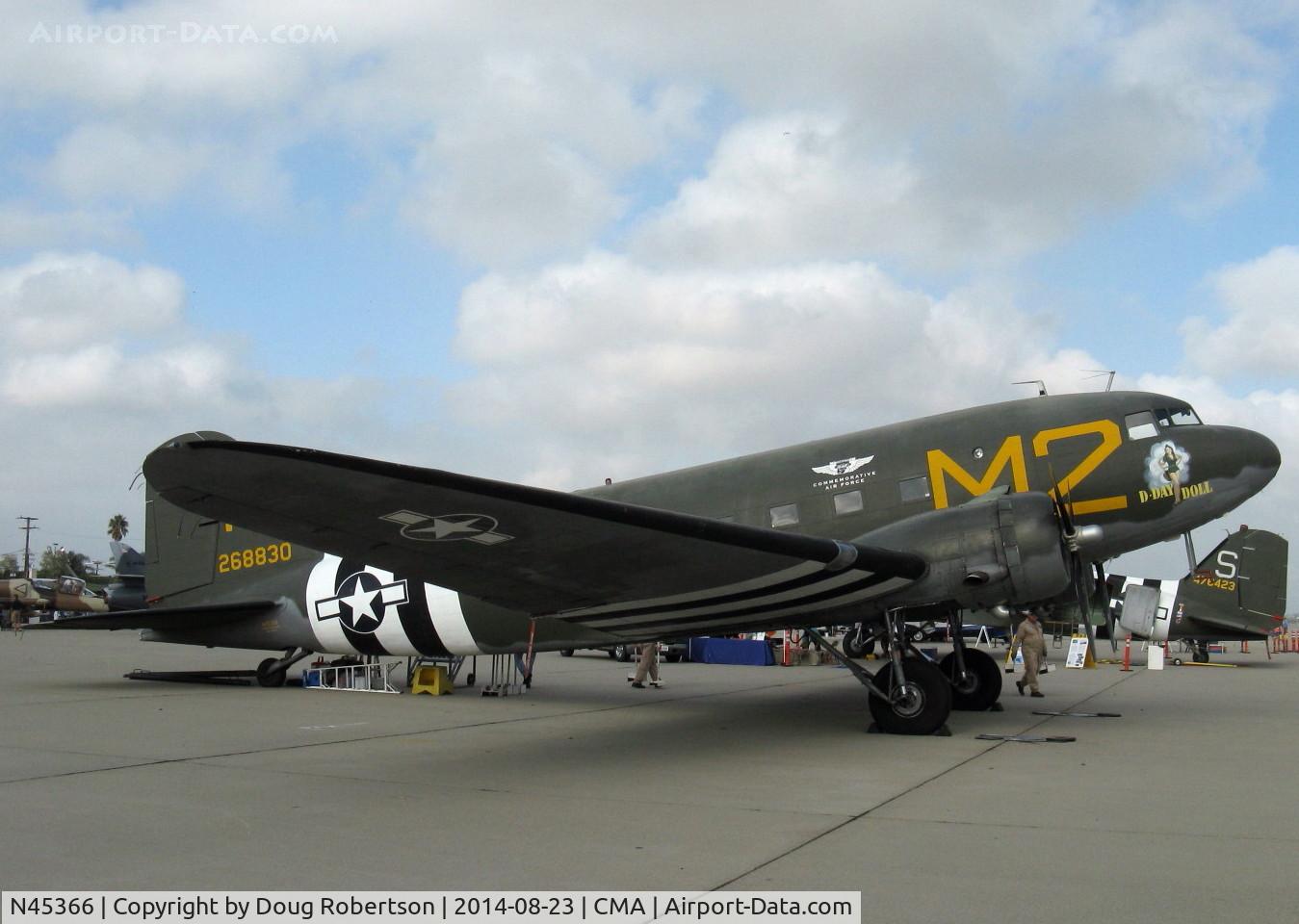 N45366, 1943 Douglas C-53D-DO Skytrooper (DC-3A) C/N 11757, 1943 Douglas C53D SKYTROOPER 'D-Day Doll', two Curtiss-Wright R-1820-56 Cyclone 9 cylinder radials, 1,200 Hp each, black & white markings are invasion stripes