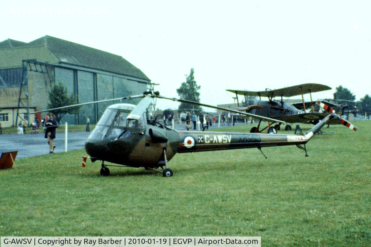 G-AWSV, 1959 Saunders-Roe Skeeter AOP.12 C/N S2/5107, Saunders Roe Skeeter AOP.12 [S2/5107] (Maj. M Somerton-Rayner) AAC Middle Wallop~G 06/08/1977.From a slide.