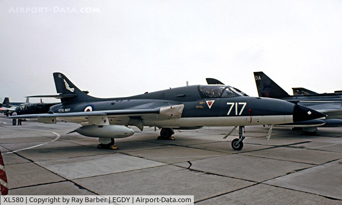 XL580, 1958 Hawker Hunter T.8M C/N 41H-693730, Hawker Hunter T.8M [41H/693730] (Royal Navy) RNAS Yeovilton~G 31/07/1982. From a slide.