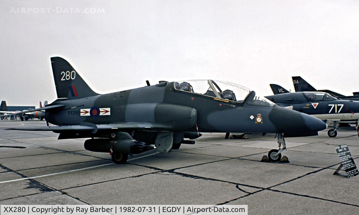 XX280, 1979 Hawker Siddeley Hawk T.1A C/N 105/312105, BAe Hawk T.1A(F) [312105] (Royal Air Force) RNAS Yeovilton~G 31/07/1982. From a slide.