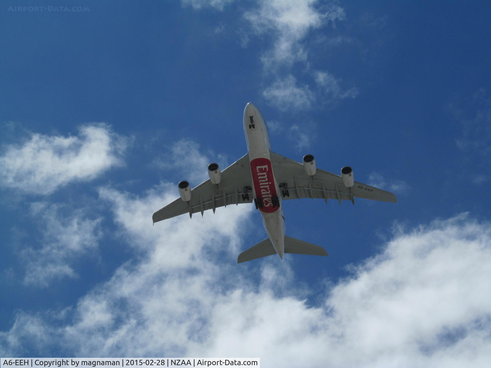 A6-EEH, 2013 Airbus A380-861 C/N 119, on short finals over manukau city