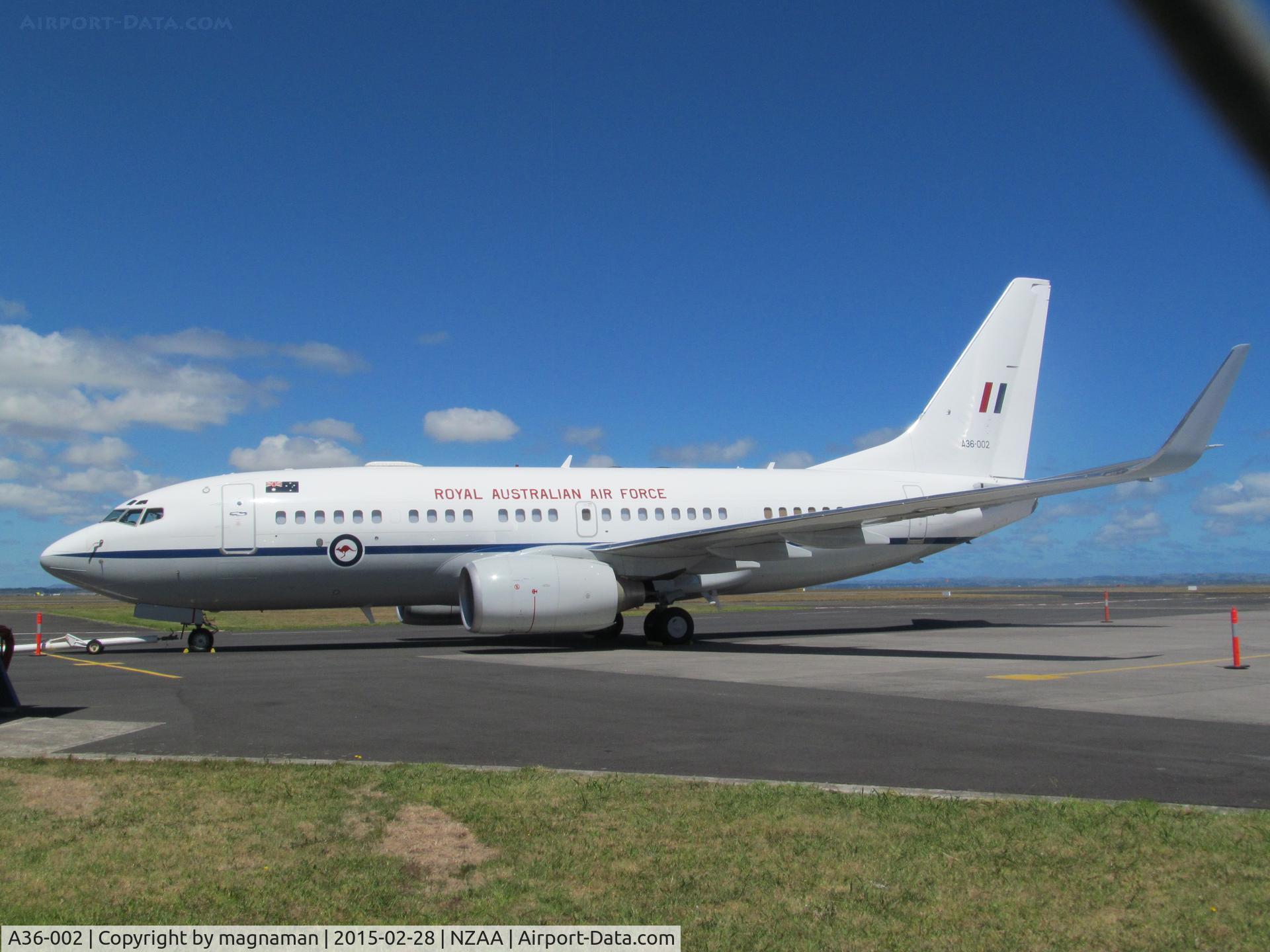 A36-002, 2000 Boeing 737-7DF C/N 30790/613, on skycare stand at AKL - just left in disgust due to NZ smashing oz in cricket!!!
