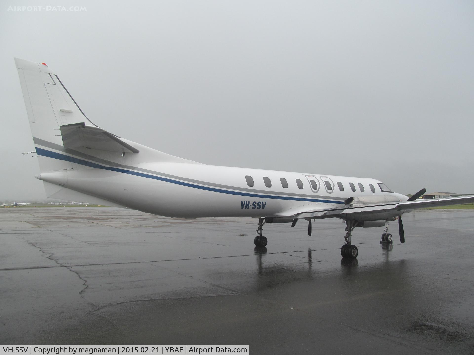 VH-SSV, 1980 Swearingen SA-226TC Metro II C/N TC-383, on a wet apron at Archerfield