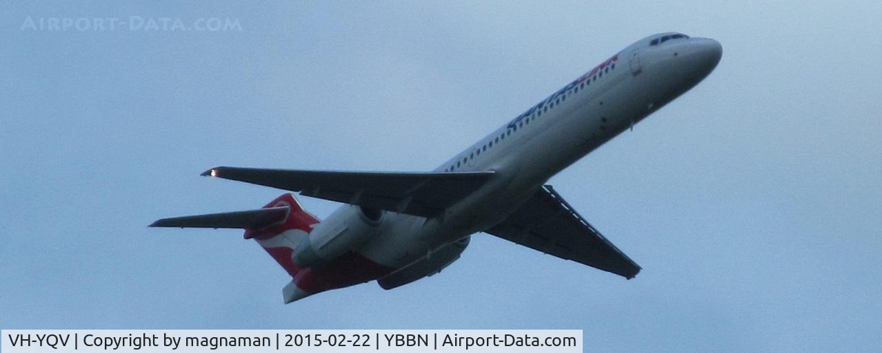 VH-YQV, 2006 Boeing 717-2BL C/N 55193, just departing in dark rainy sky