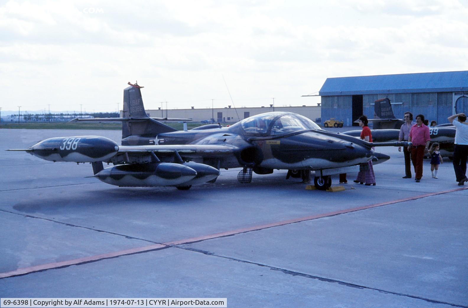 69-6398, 1969 Cessna A-37B Dragonfly C/N 43243, At Canadian Forces Station, Goose Bay, Labrador in 1974. This aircraft was later converted to an OA-37B, and later still, was sold to Honduras.