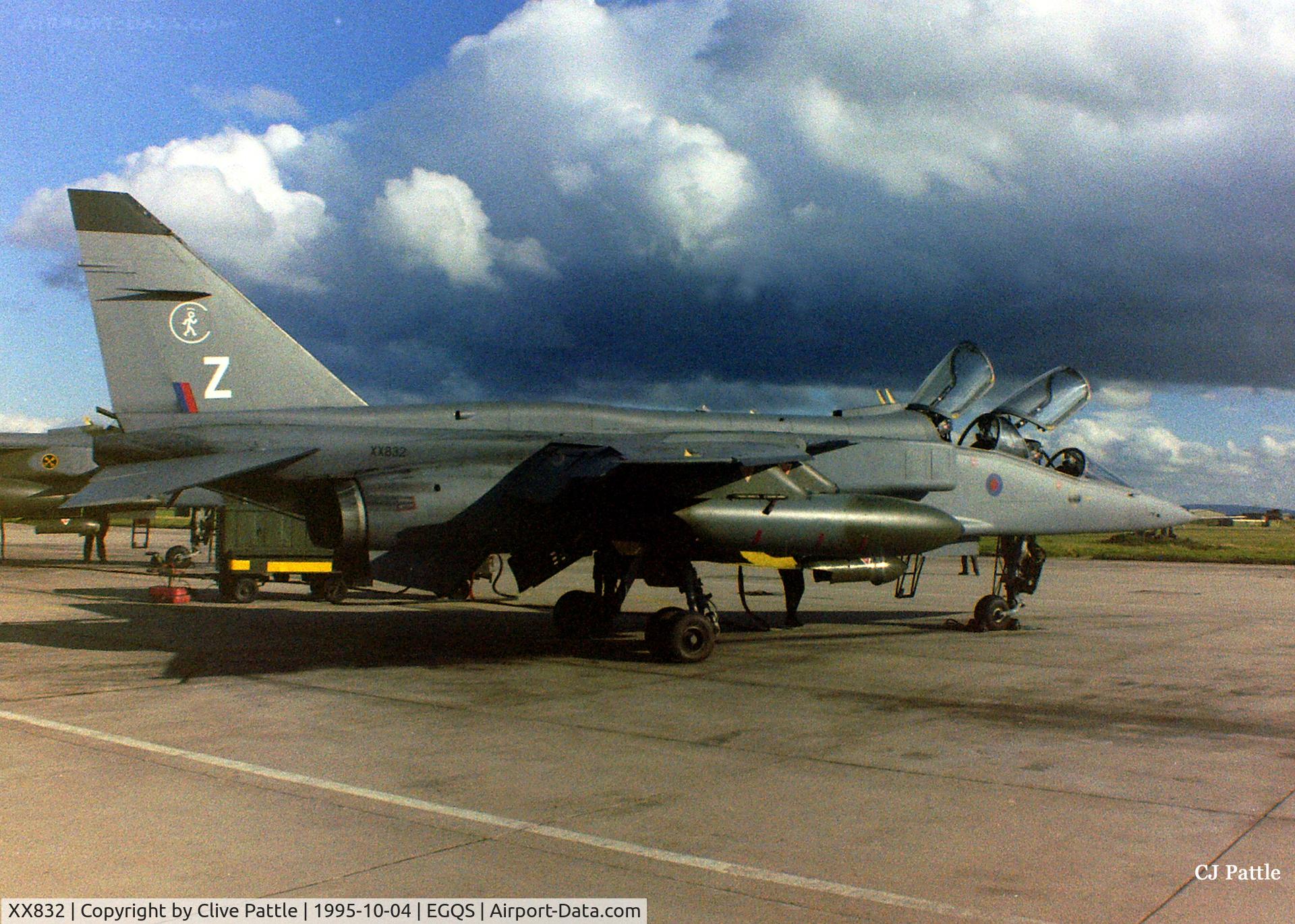XX832, 1974 Sepecat Jaguar T.2A C/N B.20, Pictured on the ramp at RAF Lossiemouth whilst coded 'Z' with 16 R Sqn RAF